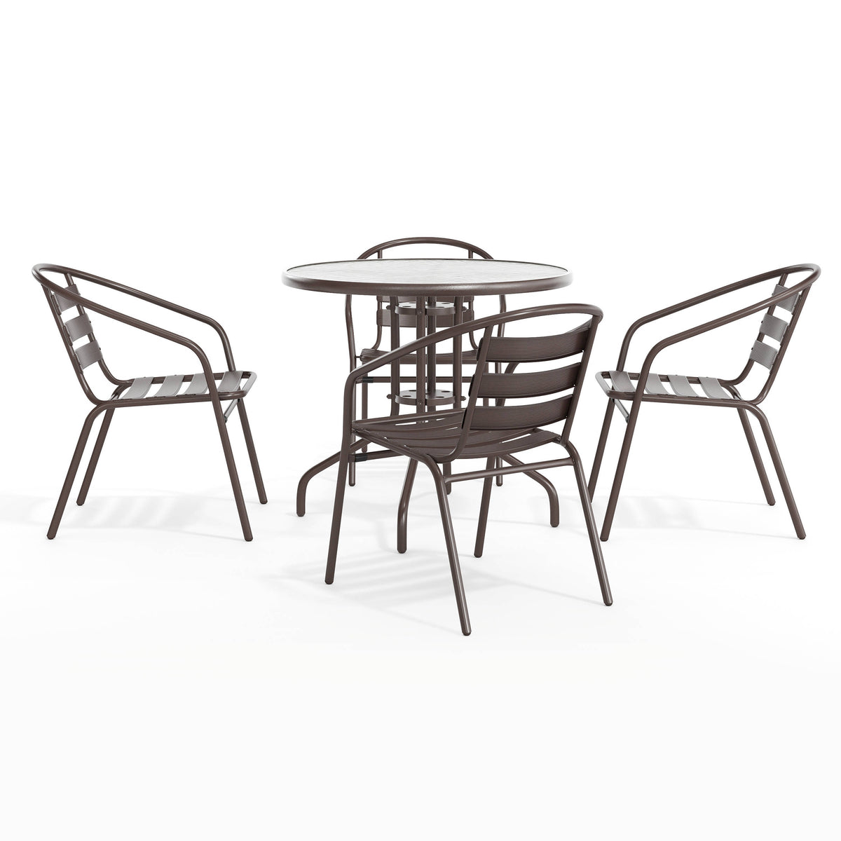 Bronze |#| Modern 31.5" Round Glass Framed Glass Table with 4 Bronze Slat Back Chairs