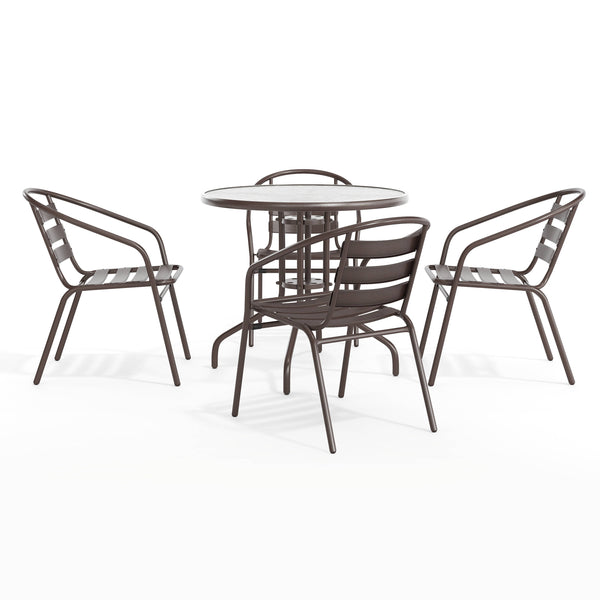 Bronze |#| Modern 31.5" Round Glass Framed Glass Table with 4 Bronze Slat Back Chairs