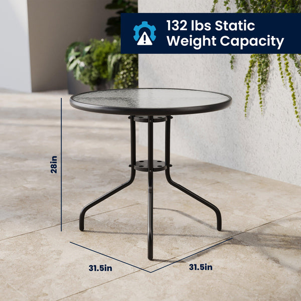 Black |#| 31.5" Round Glass Metal Table with 4 Black Metal Aluminum Slat Stack Chairs