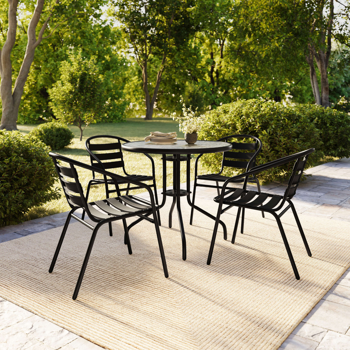 Black |#| 31.5" Round Glass Metal Table with 4 Black Metal Aluminum Slat Stack Chairs