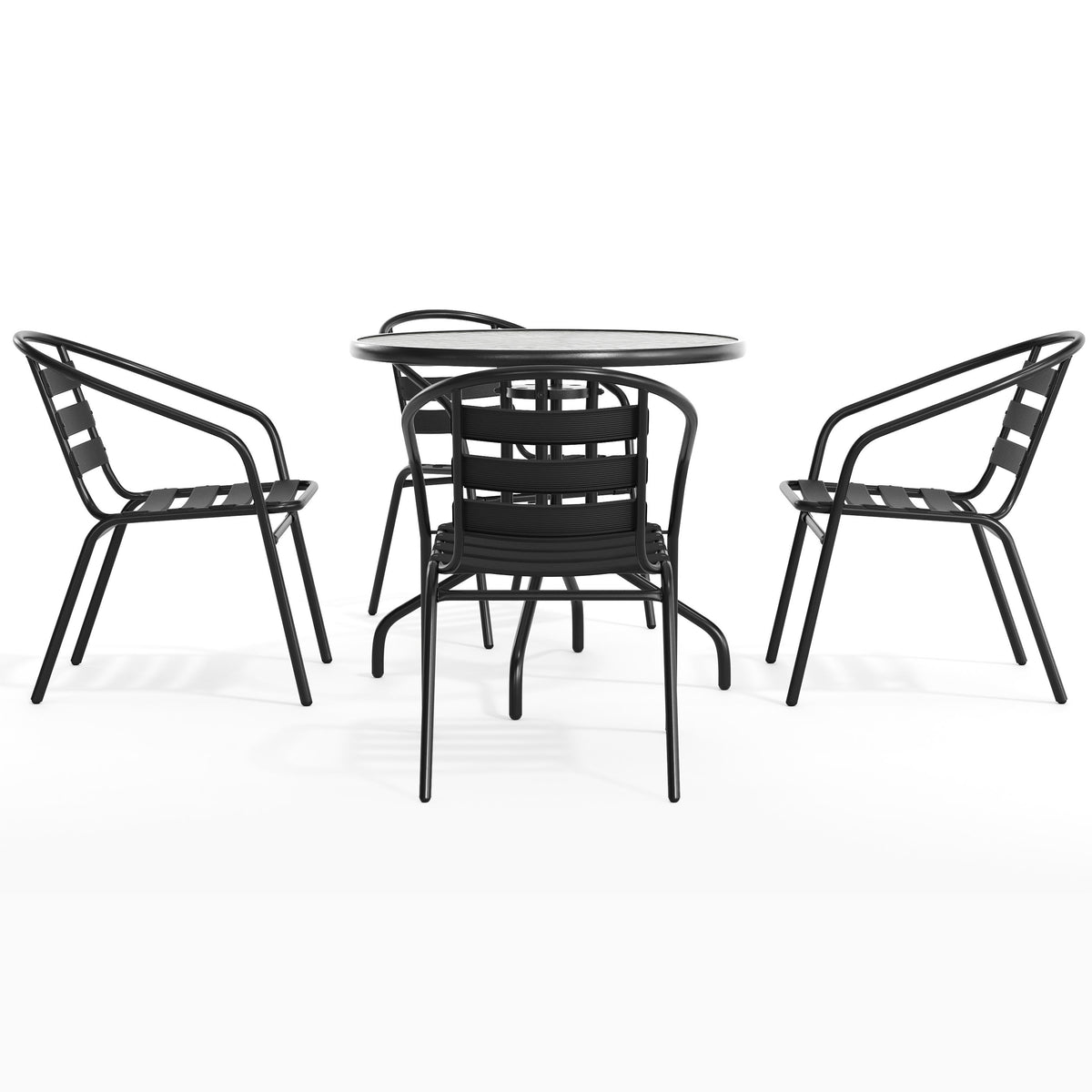 Black |#| 31.5" Round Glass Metal Table with 4 Black Metal Aluminum Slat Stack Chairs