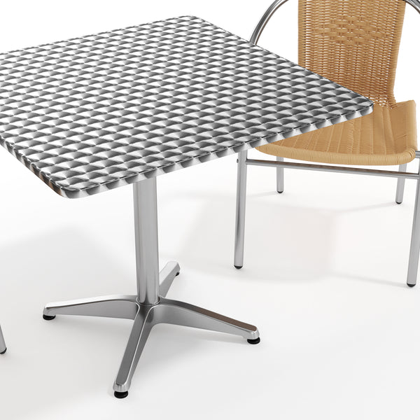 Beige |#| 31.5" Square Aluminum Indoor-Outdoor Table Set with 2 Beige Rattan Chairs