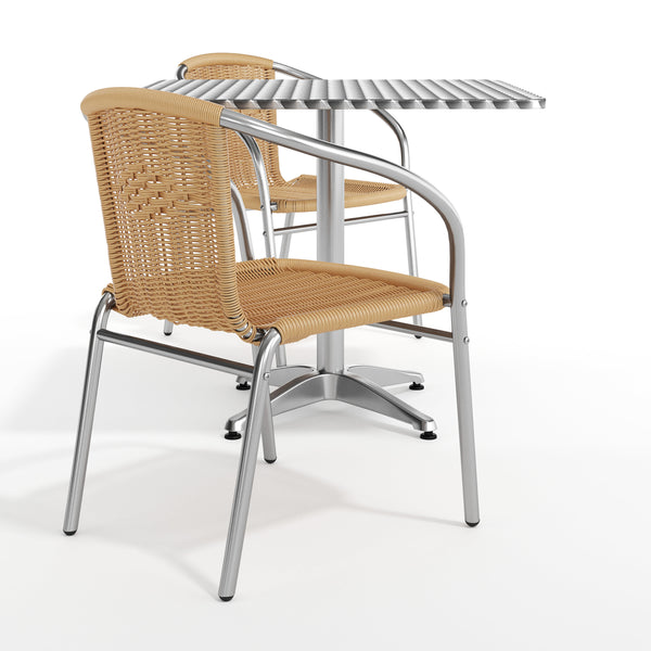 Beige |#| 31.5" Square Aluminum Indoor-Outdoor Table Set with 2 Beige Rattan Chairs