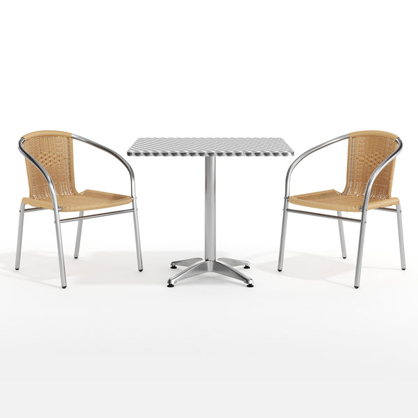 Beige |#| 31.5" Square Aluminum Indoor-Outdoor Table Set with 2 Beige Rattan Chairs