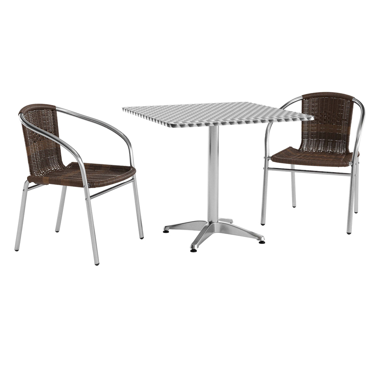 Dark Brown |#| 31.5" Square Aluminum Indoor-Outdoor Table Set with 2 Dark Brown Rattan Chairs