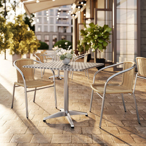 Beige |#| 31.5" Square Aluminum Indoor-Outdoor Table Set with 2 Beige Rattan Chairs