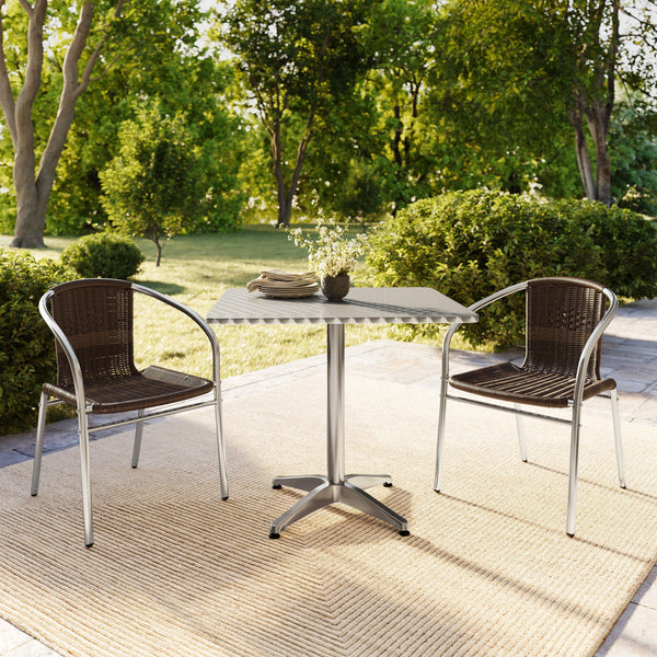 Dark Brown |#| 31.5" Square Aluminum Indoor-Outdoor Table Set with 2 Dark Brown Rattan Chairs