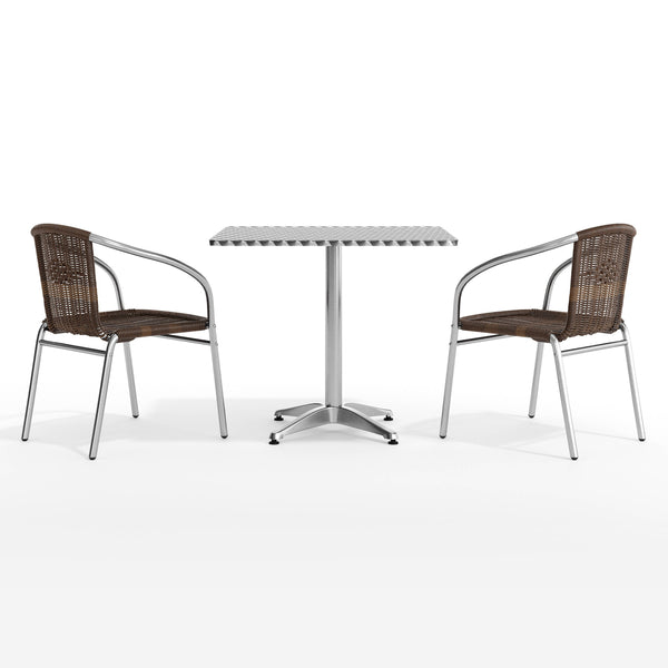 Dark Brown |#| 31.5" Square Aluminum Indoor-Outdoor Table Set with 2 Dark Brown Rattan Chairs