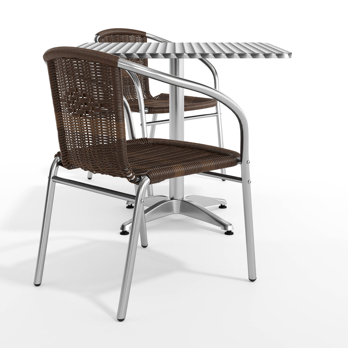 Dark Brown |#| 31.5" Square Aluminum Indoor-Outdoor Table Set with 2 Dark Brown Rattan Chairs