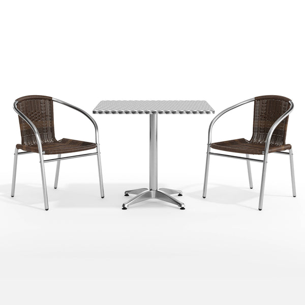 Dark Brown |#| 31.5" Square Aluminum Indoor-Outdoor Table Set with 2 Dark Brown Rattan Chairs
