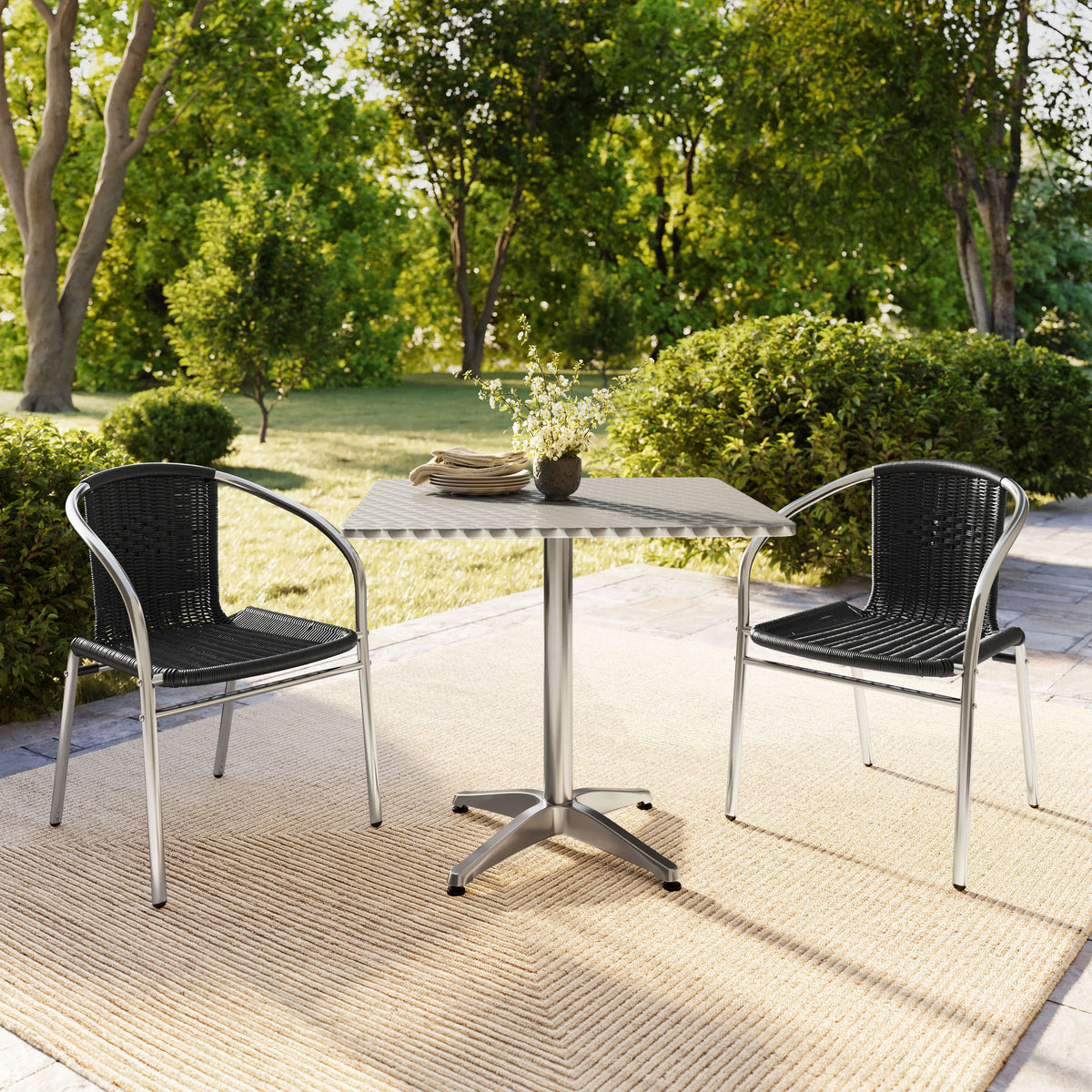Black |#| 31.5" Square Aluminum Indoor-Outdoor Table Set with 2 Black Rattan Chairs