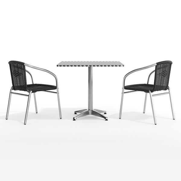 Black |#| 31.5" Square Aluminum Indoor-Outdoor Table Set with 2 Black Rattan Chairs