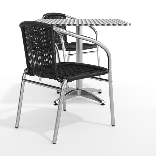 Black |#| 31.5" Square Aluminum Indoor-Outdoor Table Set with 2 Black Rattan Chairs