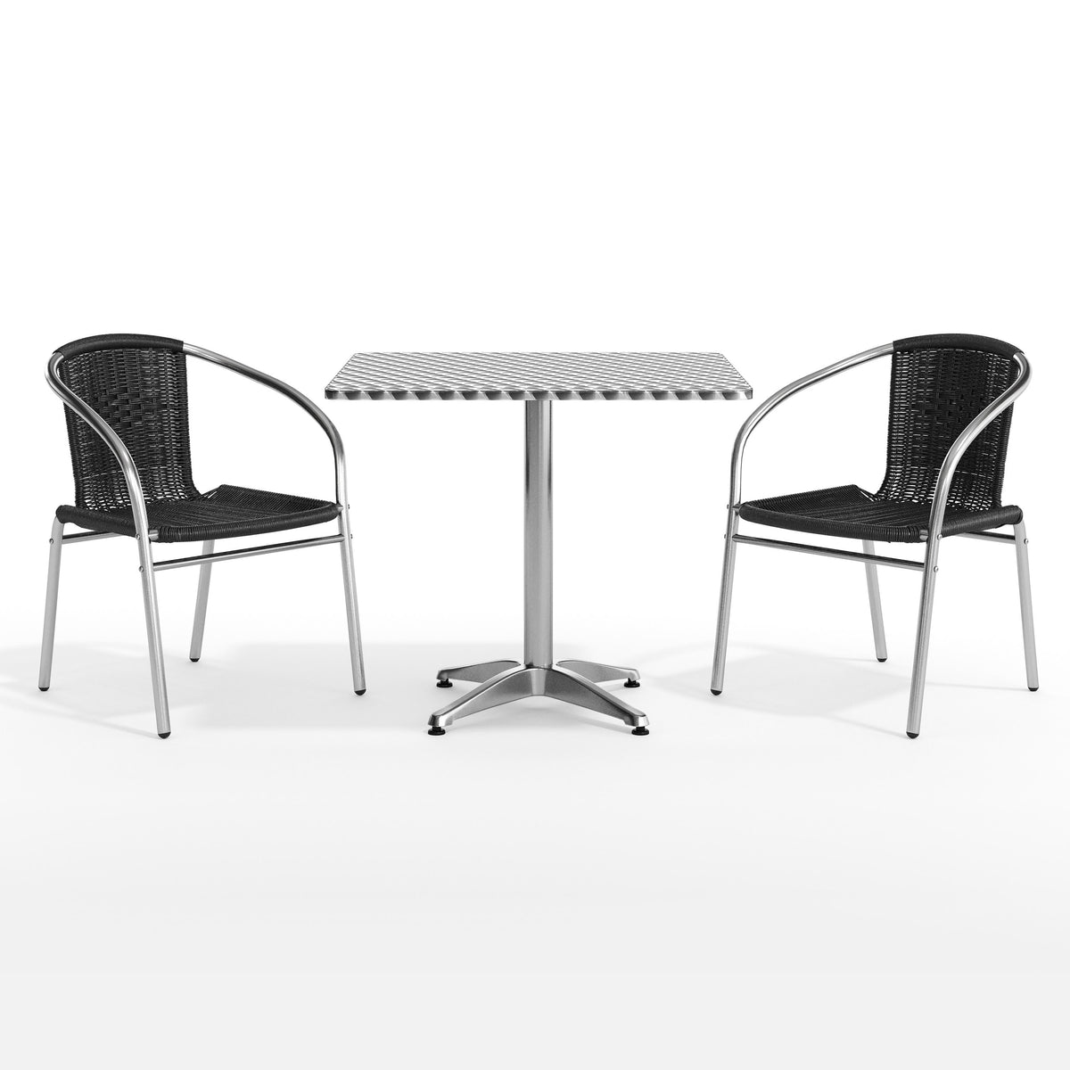 Black |#| 31.5" Square Aluminum Indoor-Outdoor Table Set with 2 Black Rattan Chairs