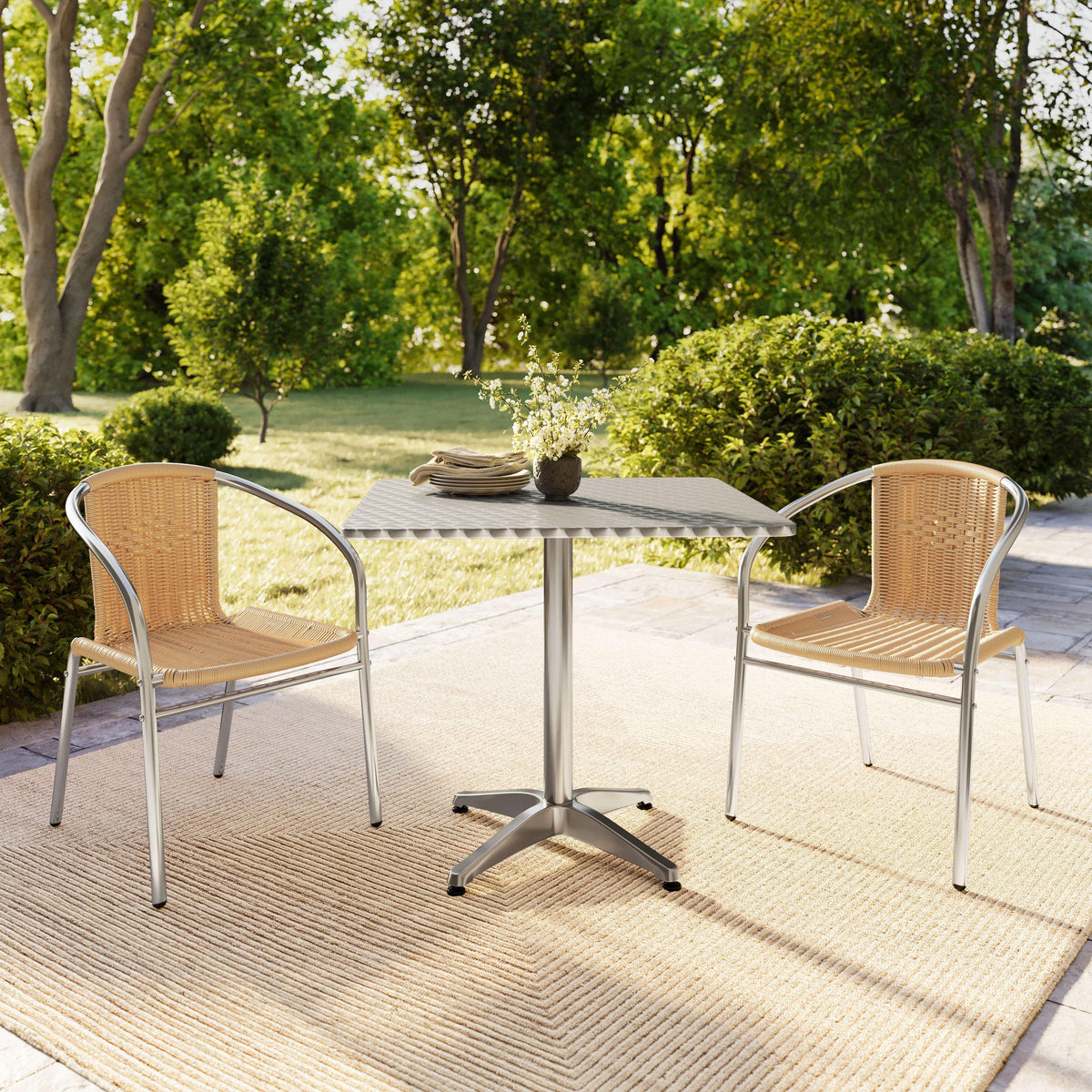 Beige |#| 31.5" Square Aluminum Indoor-Outdoor Table Set with 2 Beige Rattan Chairs
