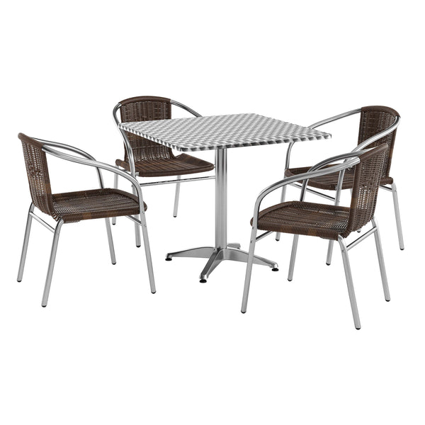 Dark Brown |#| 31.5" Square Aluminum Indoor-Outdoor Table Set with 4 Dark Brown Rattan Chairs