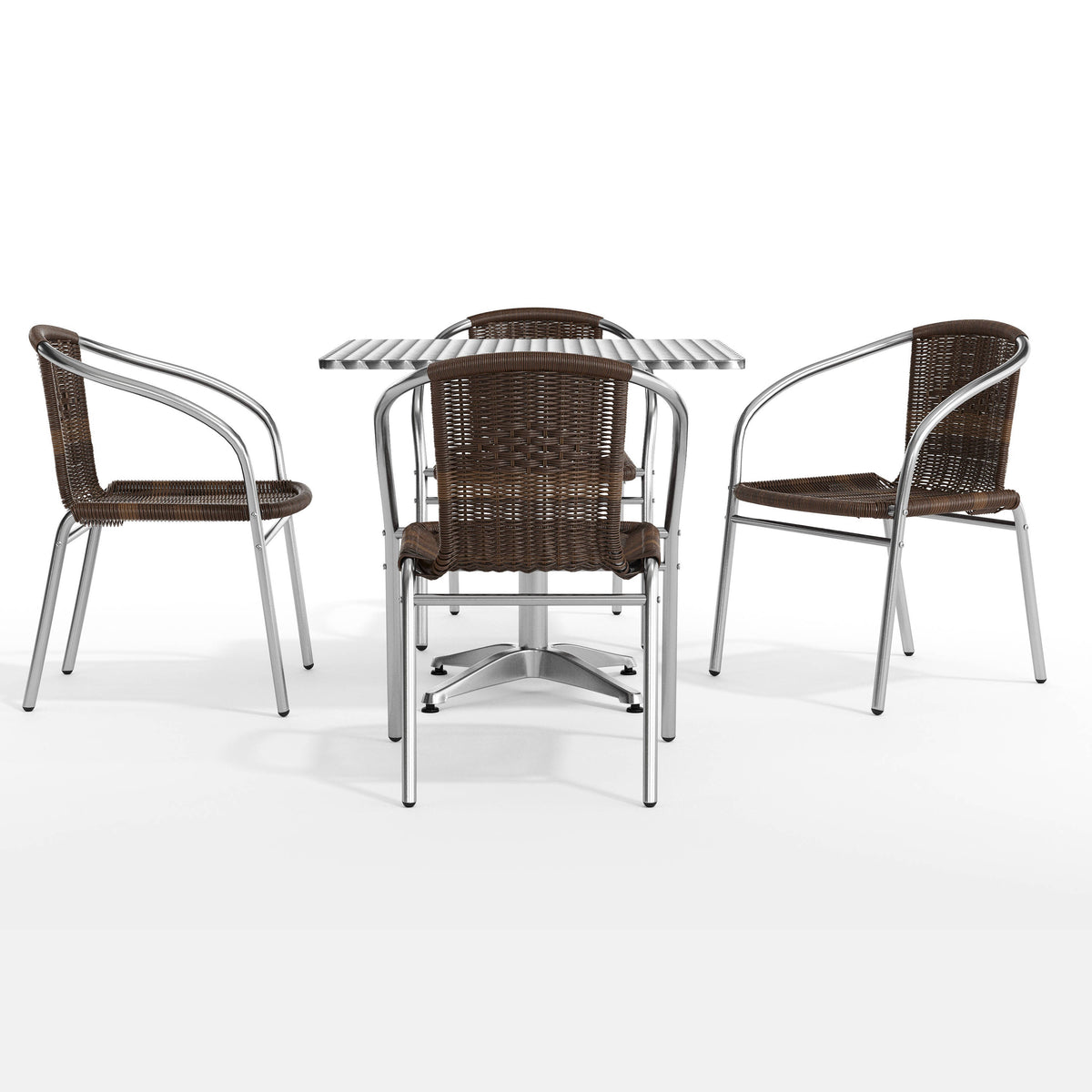 Dark Brown |#| 31.5" Square Aluminum Indoor-Outdoor Table Set with 4 Dark Brown Rattan Chairs
