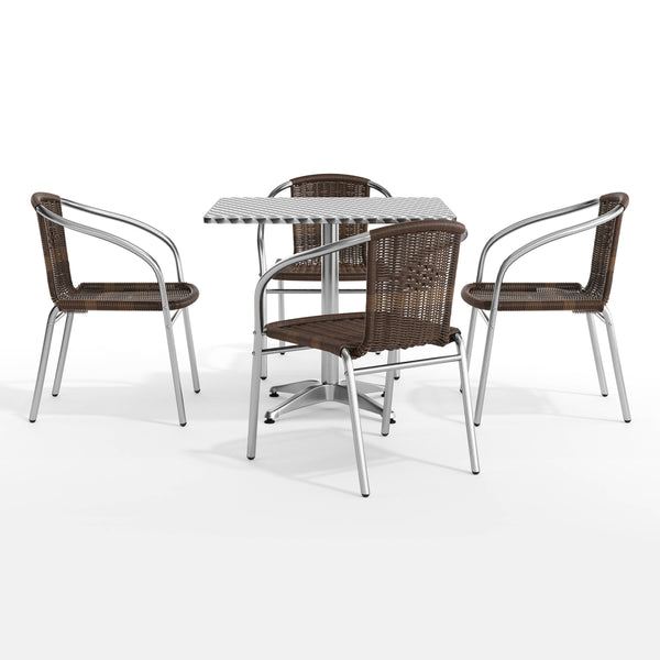 Dark Brown |#| 31.5" Square Aluminum Indoor-Outdoor Table Set with 4 Dark Brown Rattan Chairs