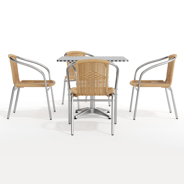 Beige |#| 31.5" Square Aluminum Indoor-Outdoor Table Set with 4 Beige Rattan Chairs