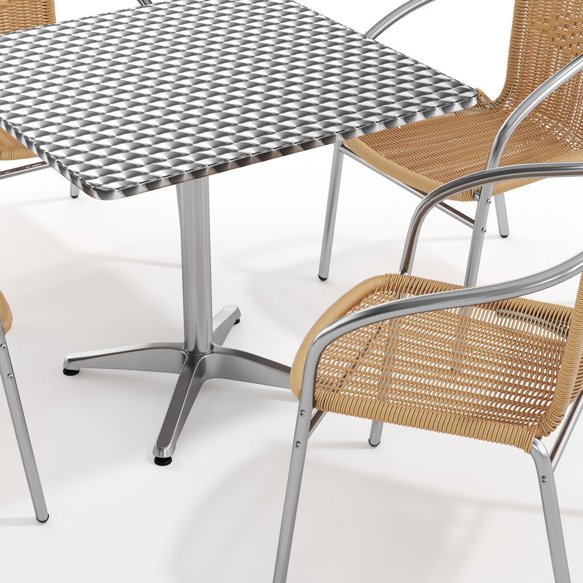 Beige |#| 31.5" Square Aluminum Indoor-Outdoor Table Set with 4 Beige Rattan Chairs