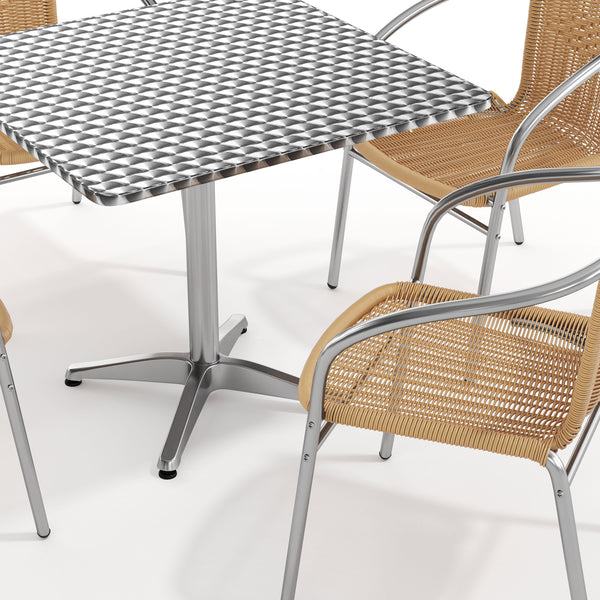 Beige |#| 31.5" Square Aluminum Indoor-Outdoor Table Set with 4 Beige Rattan Chairs