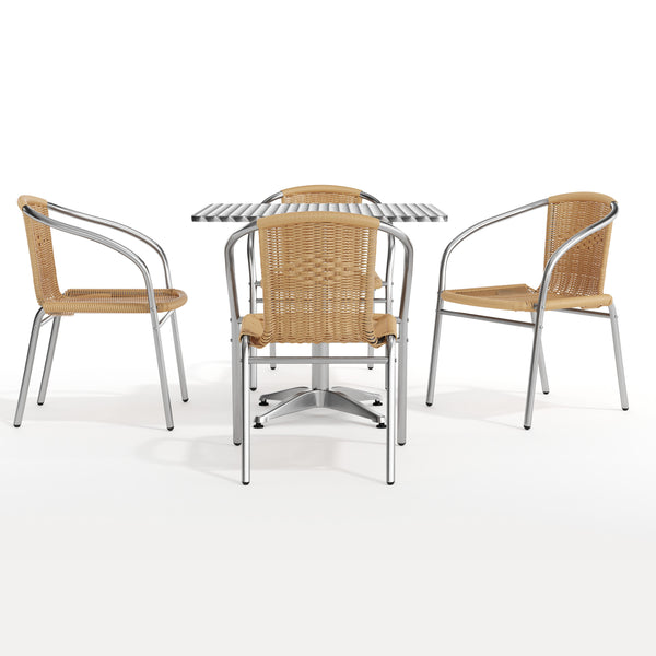 Beige |#| 31.5" Square Aluminum Indoor-Outdoor Table Set with 4 Beige Rattan Chairs