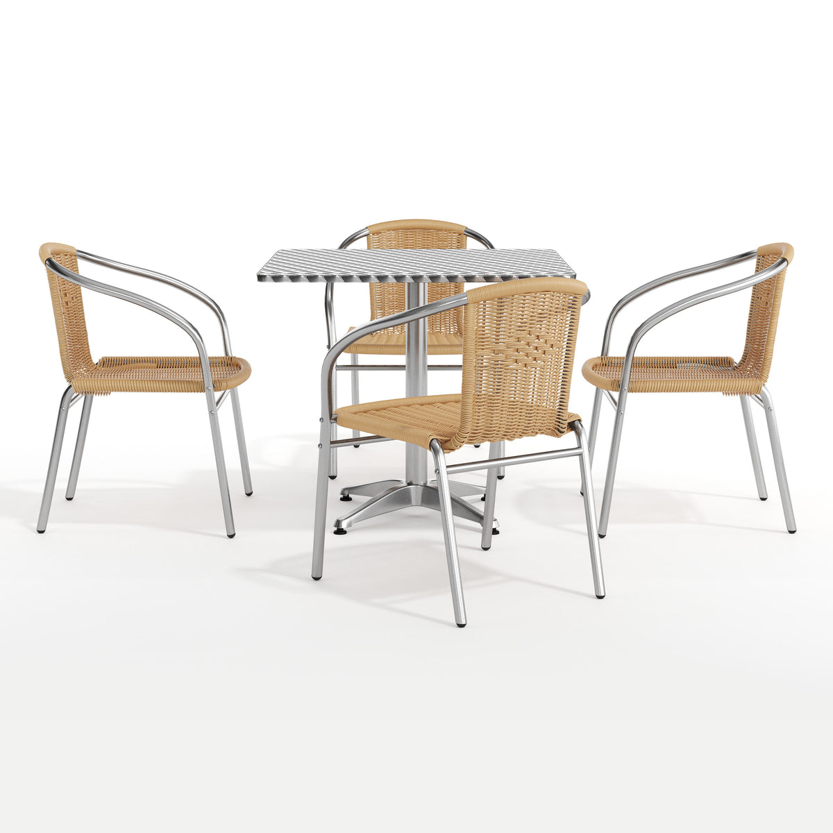 Beige |#| 31.5" Square Aluminum Indoor-Outdoor Table Set with 4 Beige Rattan Chairs