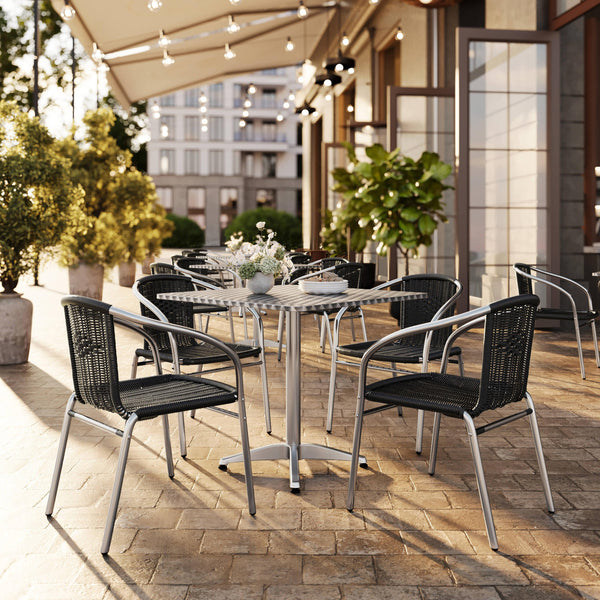 Black |#| 31.5" Square Aluminum Indoor-Outdoor Table Set with 4 Black Rattan Chairs