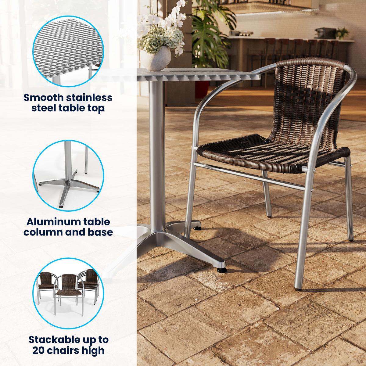 Dark Brown |#| 31.5" Square Aluminum Indoor-Outdoor Table Set with 4 Dark Brown Rattan Chairs