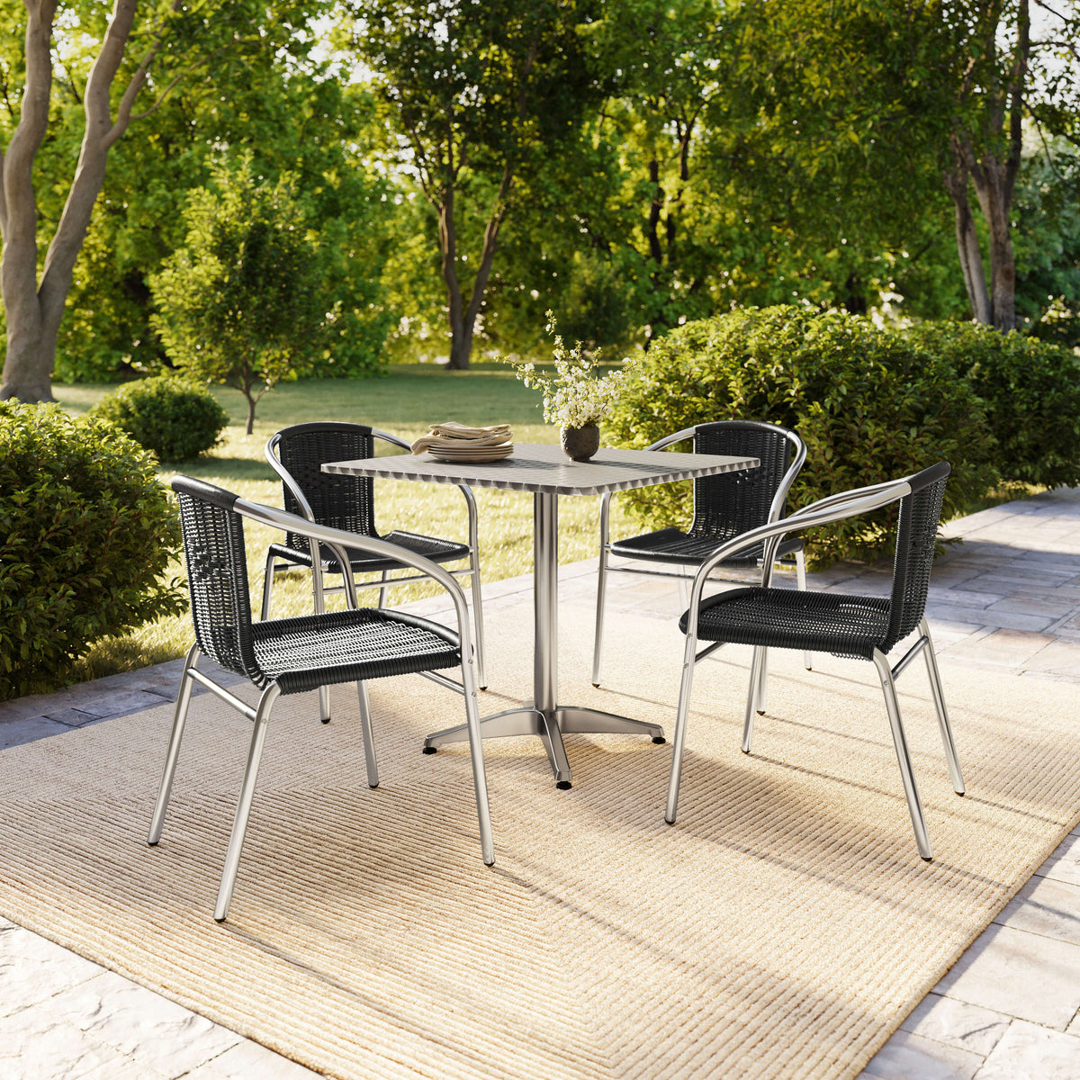 Black |#| 31.5" Square Aluminum Indoor-Outdoor Table Set with 4 Black Rattan Chairs