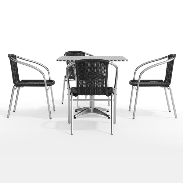 Black |#| 31.5" Square Aluminum Indoor-Outdoor Table Set with 4 Black Rattan Chairs