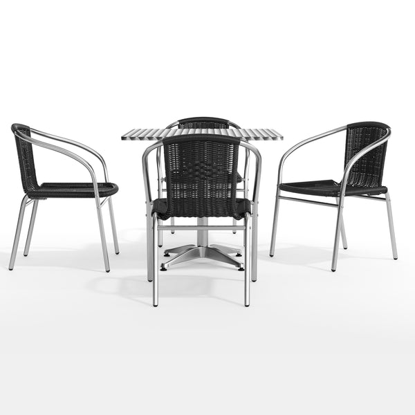 Black |#| 31.5" Square Aluminum Indoor-Outdoor Table Set with 4 Black Rattan Chairs