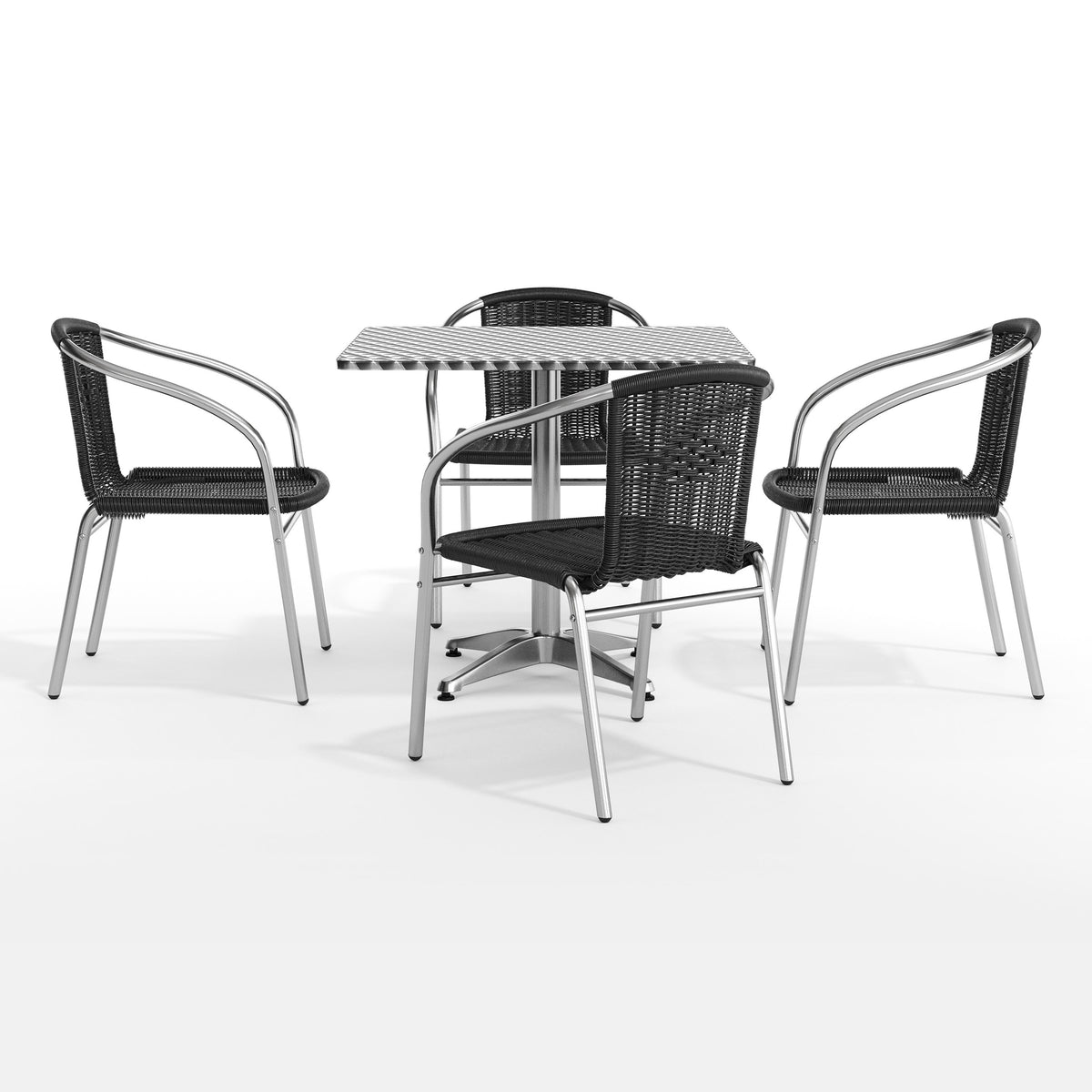 Black |#| 31.5" Square Aluminum Indoor-Outdoor Table Set with 4 Black Rattan Chairs