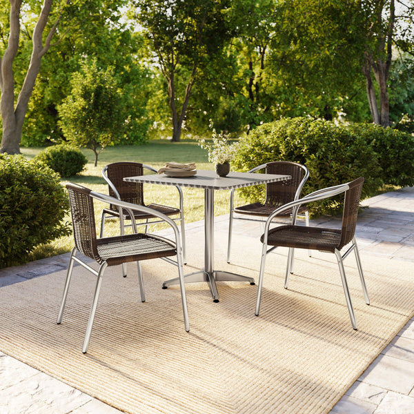 Dark Brown |#| 31.5" Square Aluminum Indoor-Outdoor Table Set with 4 Dark Brown Rattan Chairs