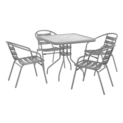 31.5" Square Glass Metal Table with 4 Metal Aluminum Slat Stack Chairs - View 1