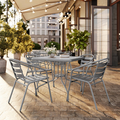 31.5" Square Glass Metal Table with 4 Metal Aluminum Slat Stack Chairs - View 2