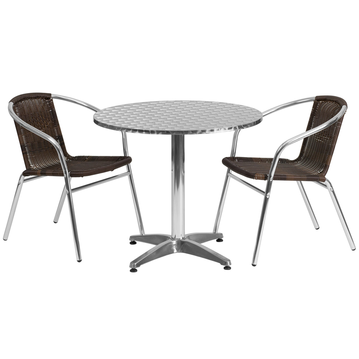 Dark Brown |#| 31.5inch Round Aluminum Indoor-Outdoor Table Set with 2 Dark Brown Rattan Chairs