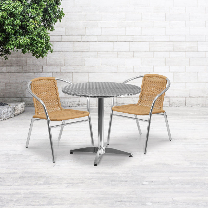 Beige |#| 31.5inch Round Aluminum Indoor-Outdoor Table Set with 2 Beige Rattan Chairs