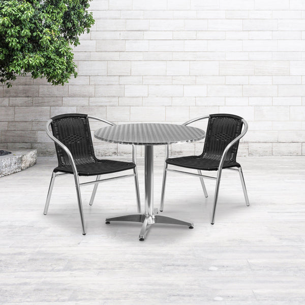 Black |#| 31.5inch Round Aluminum Indoor-Outdoor Table Set with 2 Black Rattan Chairs
