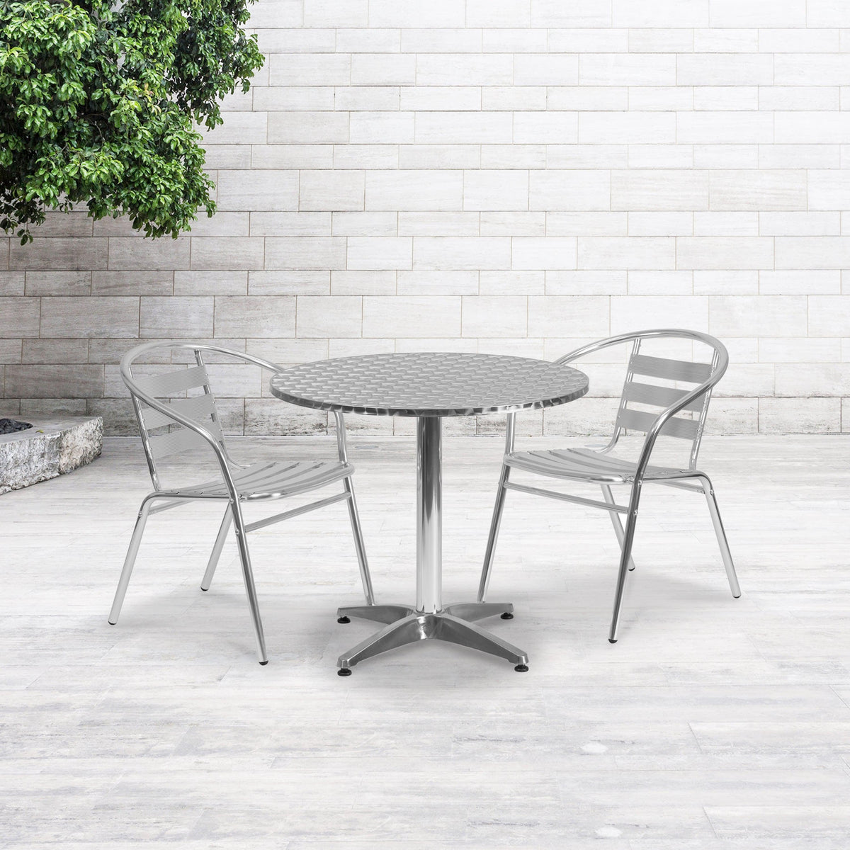 31.5inch Round Aluminum Indoor-Outdoor Table Set with 2 Slat Back Chairs