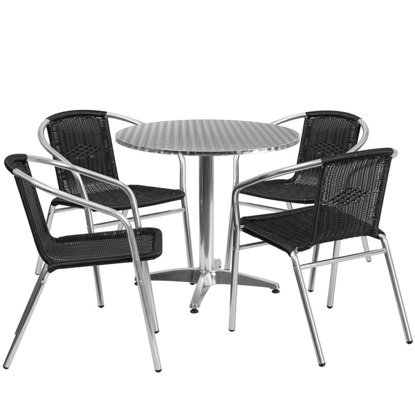Black |#| 31.5inch Round Aluminum Indoor-Outdoor Table Set with 4 Black Rattan Chairs