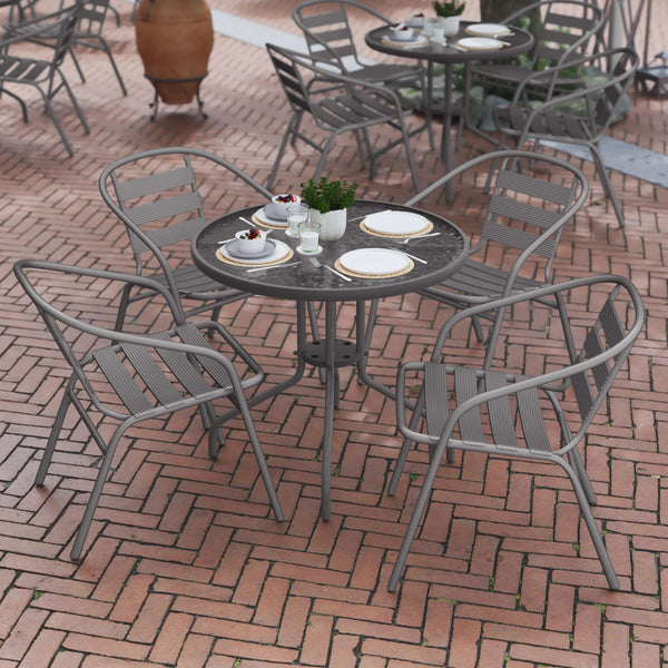 Silver |#| Modern 31.5inch Round Glass Framed Glass Table with 4 Silver Slat Back Chairs