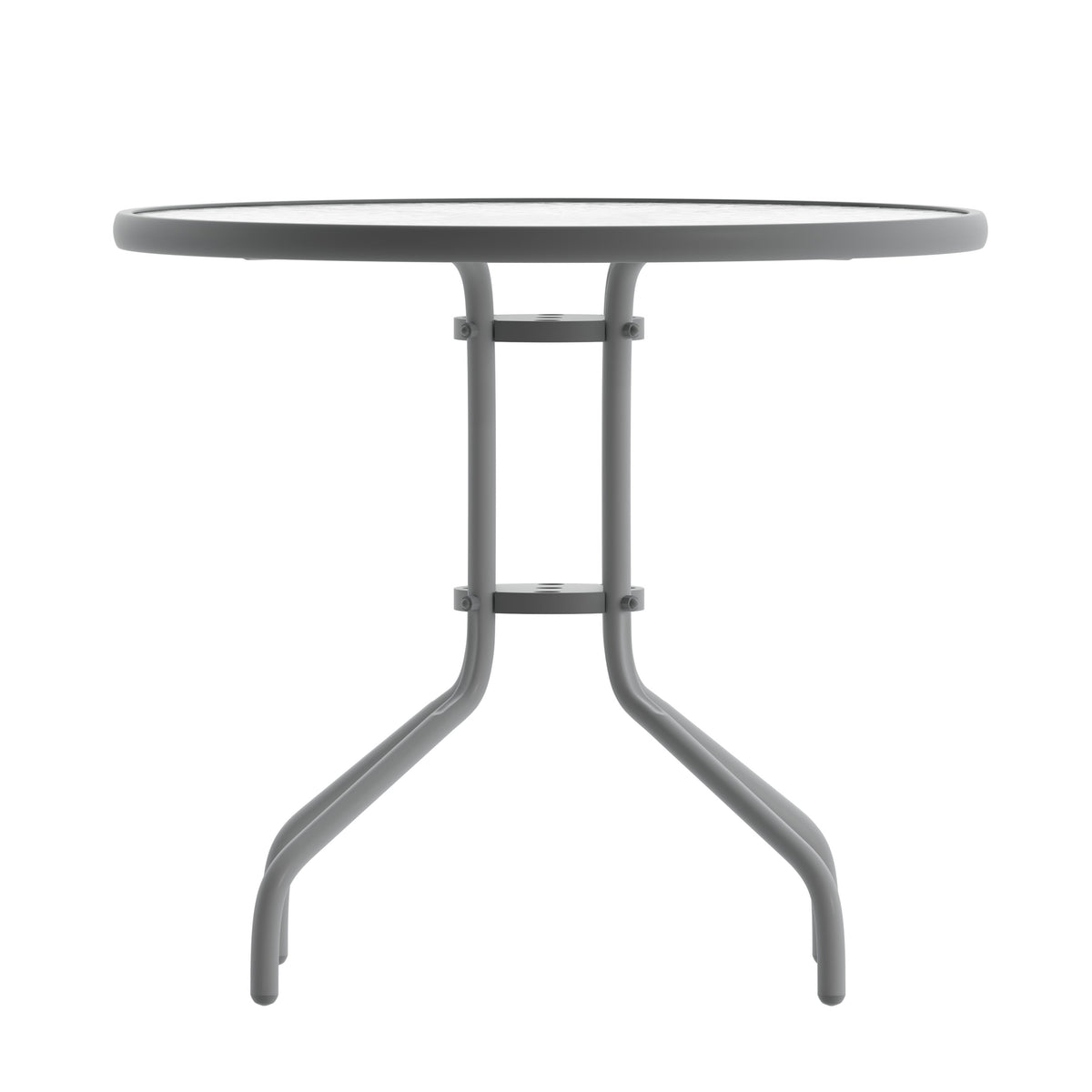 Silver |#| Modern 31.5inch Round Glass Framed Glass Table with 4 Silver Slat Back Chairs