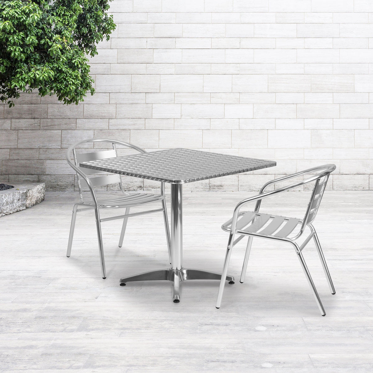 31.5inch Square Aluminum Indoor-Outdoor Table Set with 2 Slat Back Chairs