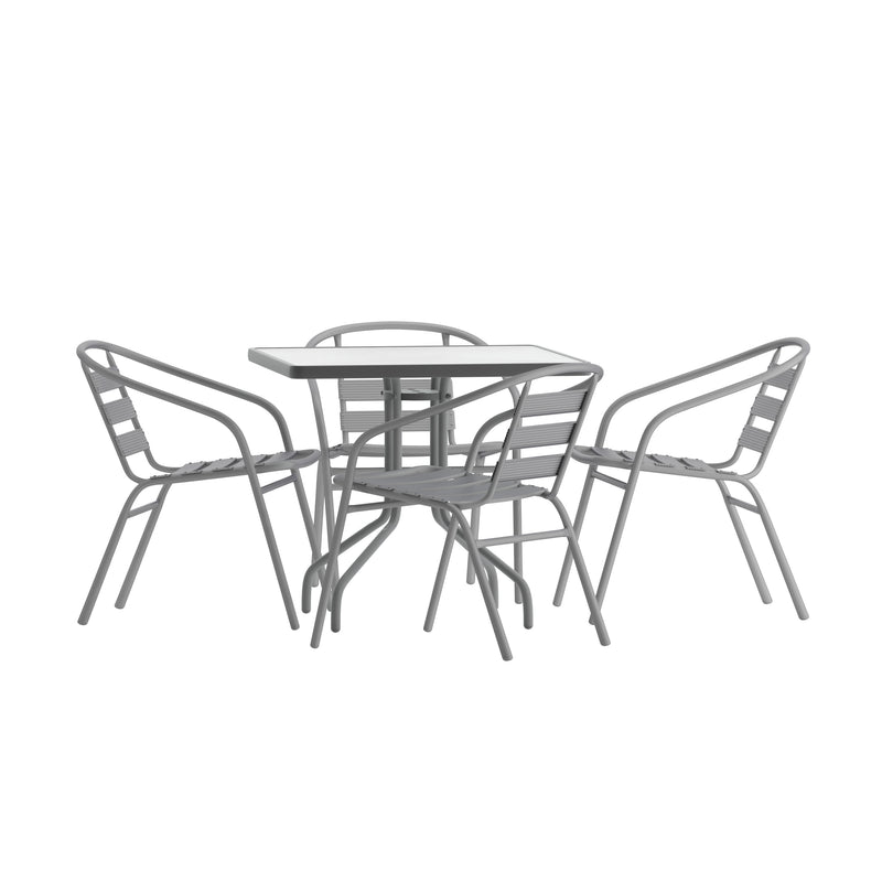 Silver |#| Modern 31.5inch Square Glass Framed Glass Table with 4 Silver Slat Back Chairs