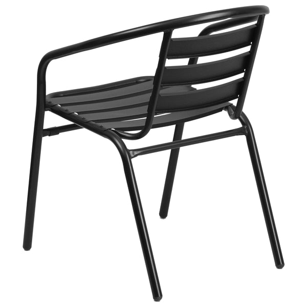 Black |#| 31.5inch Square Glass Metal Table with 4 Black Metal Aluminum Slat Stack Chairs