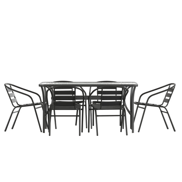7 pc metal glass top patio table set with umbrella Lila 7 Piece Commercial Outdoor Patio Dining Set with Tempered Glass Patio  Table with Umbrella Hole and 6 Triple Slat Chairs