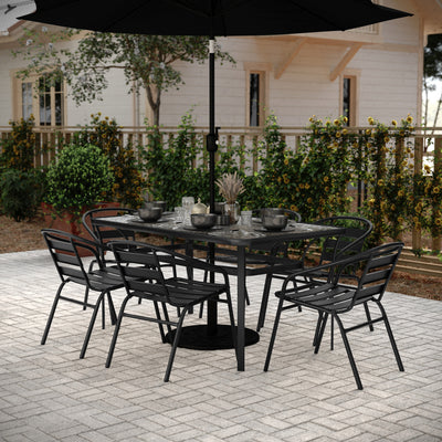Lila 7 Piece Commercial Outdoor Patio Dining Set with Tempered Glass Patio Table with Umbrella Hole and 6 Triple Slat Chairs