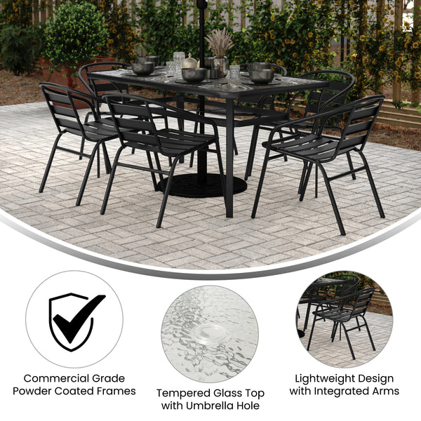 Lila 7 Piece Commercial Outdoor Patio Dining Set with 60 Tempered Glass Patio Table with Umbrella Hole and 6 Black Triple Slat Chairs