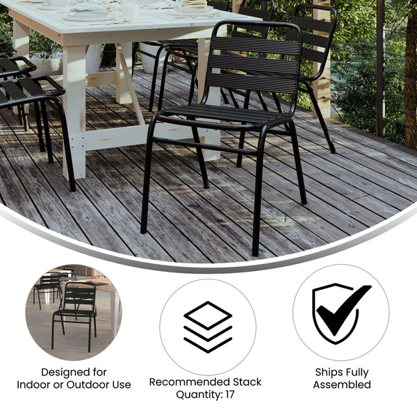 Black |#| Commercial Black Indoor-Outdoor Restaurant Stack Chair with Triple Slat Back